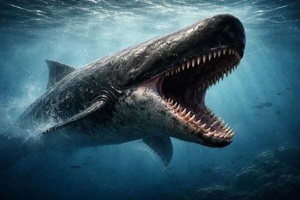 Livyatan melvillei cruising the Miocene seas—an enormous predatory sperm whale with jaws agape, showcasing its massive, conical teeth.